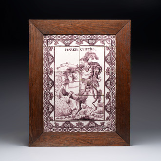 A manganese Dutch Delft 'Marcus Curtius' tile mural, probably Aalmis, Rotterdam, 18th C.
