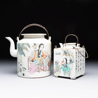 A Chinese qianjiang cai covered teapot and a covered wine warmer, Tongzhi mark, 19/20th C.