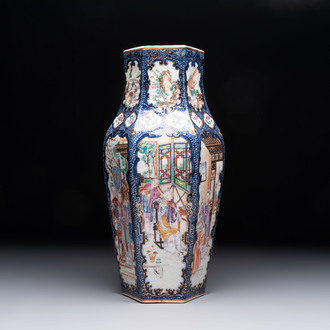 A fine Chinese famille rose gilt-decorated hexagonal vase with mandarin design, Qianlong