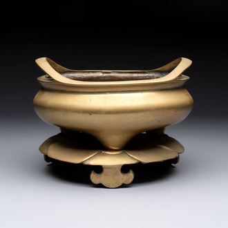 A large Chinese bronze tripod censer on stand, Wu Chen Mi Sheng Tang 戊辰米生堂 mark, dated 1868