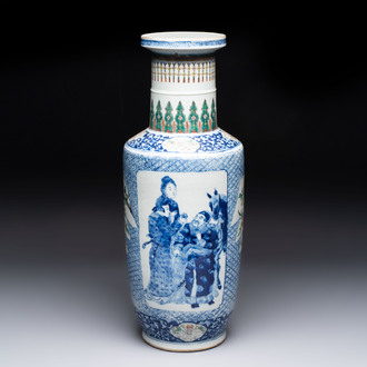 A Chinese blue, white and famille verte rouleau vase with figural and peacock design, Qianlong mark, 19th C.