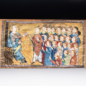 An illuminated manuscript fragment, ink, gouache and gold leaf on parchment, France, 19th C.