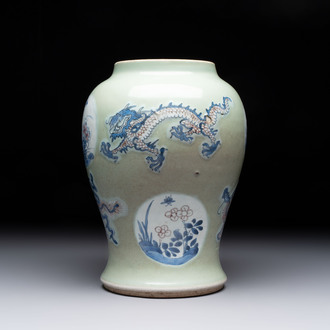 A Chinese blue, white and copper-red celadon-ground 'dragon and phoenix' vase, Kangxi