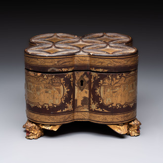 A fine Chinese Canton gilt-lacquered quadrifoil tea chest, 19th C.