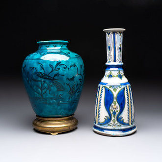 A polychrome pottery hookah base and a Persian turquoise-glazed pottery jar, late Qajar period, Iran, 19/20th C.