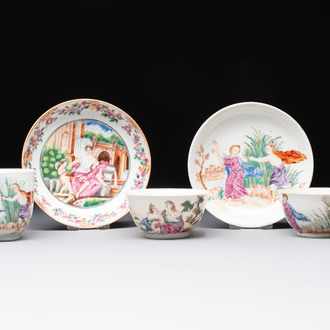 A varied collection of three Chinese famille rose 'mythological subject' cups and two saucers, Qianlong