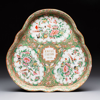 An extremely rare inscribed Chinese Canton famille rose trefoil tray, Qing, dated 1879