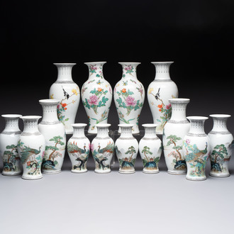 Seven pairs of Chinese famille rose vases, Qianlong and Jingdezhen marks, 20th C.