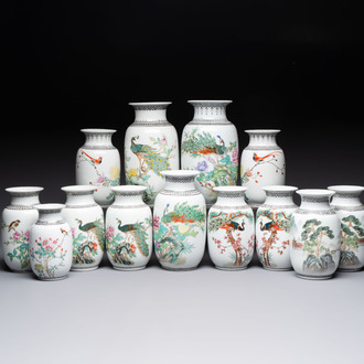 13 Chinese famille rose lantern-shaped vases, 20th C.