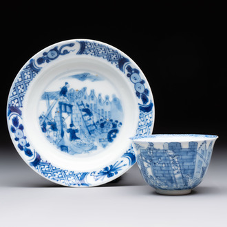 A Chinese blue and white 'Rotterdam Riot' cup and saucer, jade mark, Kangxi