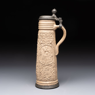 A Siegburg stoneware pewter-mounted schnelle, dated 1589