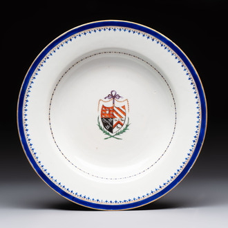 A Chinese armorial plate with the arms of Chadwick quartering Malvesyn, Carden and Bagot, Qianlong, dated 24 Jan. 1791