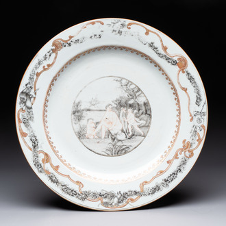 A rare and massive Chinese grisaille and gilt-decorated 'Venus bathing' dish, Qianlong