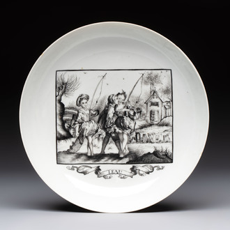 A fine and rare Chinese European-decorated semi-erotic plate, Qianlong, ca. 1770