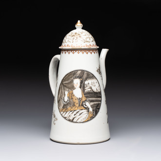 A large Chinese grisaille and gilt-decorated 'The Seamstress' chocolate pot, Qianlong