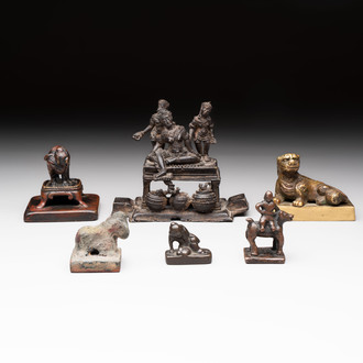 Five Chinese bronze seals and an Indonesian bronze figure group, 18/19th C.