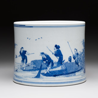 A fine Chinese blue and white 'fishermen and poem' bitong, Shang 賞 seal mark, Kangxi