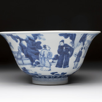 A large Chinese blue and white 'Zhu Lin Qi Xian 竹林七賢' bowl, Kangxi