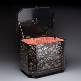 A large Chinese export mother-of-pearl-inlaid lacquer tea chest, 19th C.