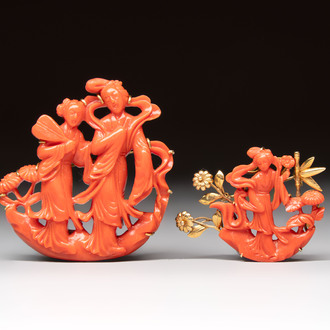 Two Chinese red coral 14kt gold-mounted brooches, 19/20th C.