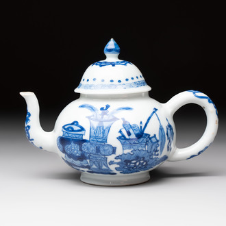 A Chinese blue and white 'antiquities' teapot and cover, Jiajing mark, Kangxi