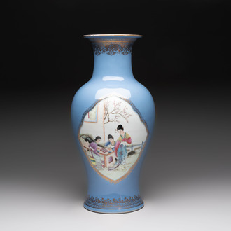 A Chinese famille rose lavender-blue-ground vase, Qianlong mark, Republic