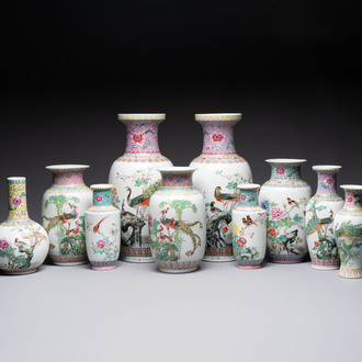 Ten Chinese famille rose vases with birds among flowering branches, Qianlong and Jingdezhen marks, 20th C.