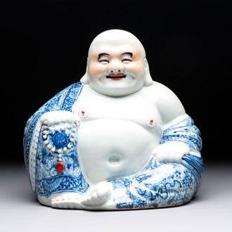 A Chinese blue, white and iron-red Milefo Buddha, Zhu Mao Ji 朱茂記造 mark, 20th C.