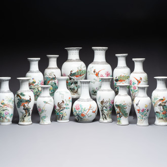 15 Chinese famille rose vases with birds among flowering branches, Qianlong and Jingdezhen marks, 20th C.