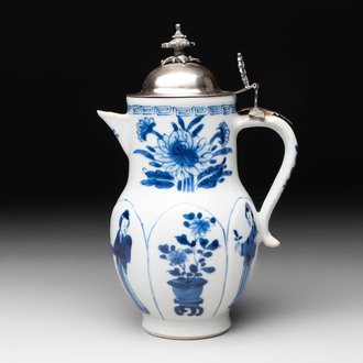 A Chinese blue and white 'Long Eliza' jug with a silver-mounted lid, Kangxi