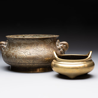 Two Chinese bronze censers, Xuande marks, 19th C.