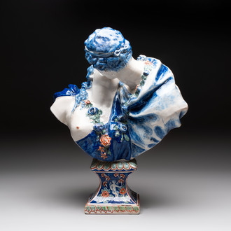 A polychrome Delft-style 'The Kiss' group after Jean Antoine Houdon (1741-1828), Samson, Paris, 19th C.