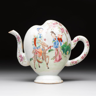 A Chinese famille rose peach-shaped 'Ma Gu Xian Shou 麻姑獻壽' and 'Sanxing' cadogan teapot, Jiaqing