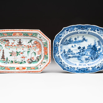 A Chinese famille verte dish and a blue and white dish, Kangxi/Qianlong