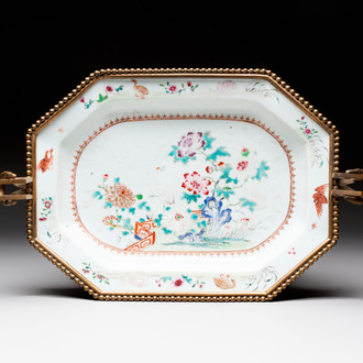 A Chinese famille rose dish with a crane among flowering branches with bronze mount, Qianlong