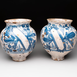 Two blue and white ointment jars, Spain, 17th C.