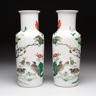 A pair of Chinese famille verte 'quails in blossoming landscape' rouleau vases, 19th C.