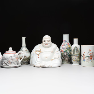 A group of three Chinese famille rose vases, a bitong, a covered teapot and a Buddha, Yongzheng, Qianlong and Xue Changsen 薛長森 marks, 19/20th C.