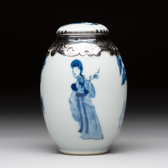 A Chinese blue and white Dutch silver-mounted tea caddy and cover, Kangxi