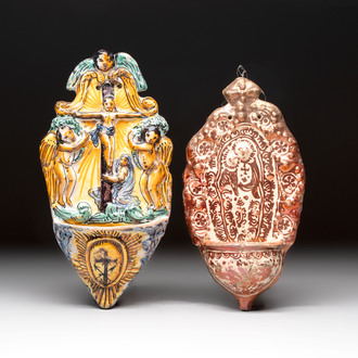 A maiolica holy water font and a Hispano-Moresque lustre-glazed holy water font, Italy and Spain, 17/18th C.