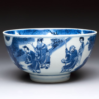 A Chinese blue and white 'Ba Xian Zhu Shou 八仙祝壽'  bowl, Shen De Tang Bo Gu Zhi 慎德堂博古製 mark, Kangxi