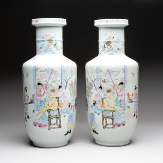 A pair of fine Chinese famille rose 'Guo Ziyi 郭子儀' rouleau vases, Qianlong mark, 19th C.