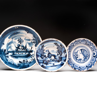Two blue and white Spanish pottery plates and a dish, Talavera, 18th C.