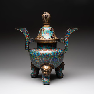 A Chinese cloisonné tripod censer and cover, 19th C.