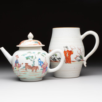 A Chinese famille rose 'mandarin subject' teapot and a mug, Qianlong