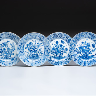 Four Chinese blue and white plates with floral design, Kangxi