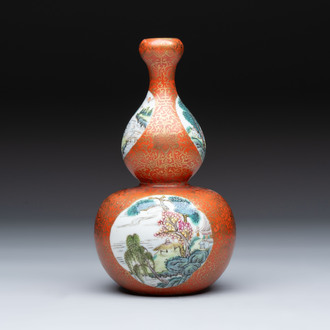 A Chinese famille rose coral-red-ground 'landscape' gourd vase, Qianlong mark, Republic
