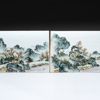 A pair of fine Chinese famille rose plaques with landscape design, signed Wang Yeting 汪野亭, 20th C.