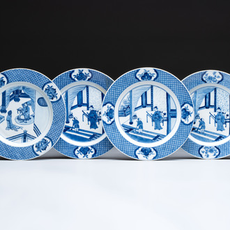Four Chinese blue and white 'Xi Xiang Ji' dishes, 19th C.
