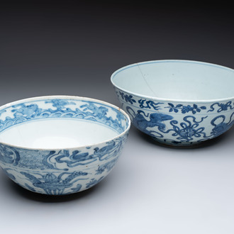 A large Chinese blue and white 'Buddhist lion' bowl and a Swatow blue and white bowl, Ming